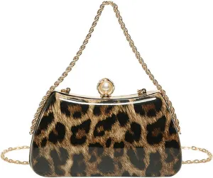 Leopard Purse Mini Clutch Bag Cheetah Print Crossbody Pearl Hard Shell Box Case Prom Wedding Evening Bag