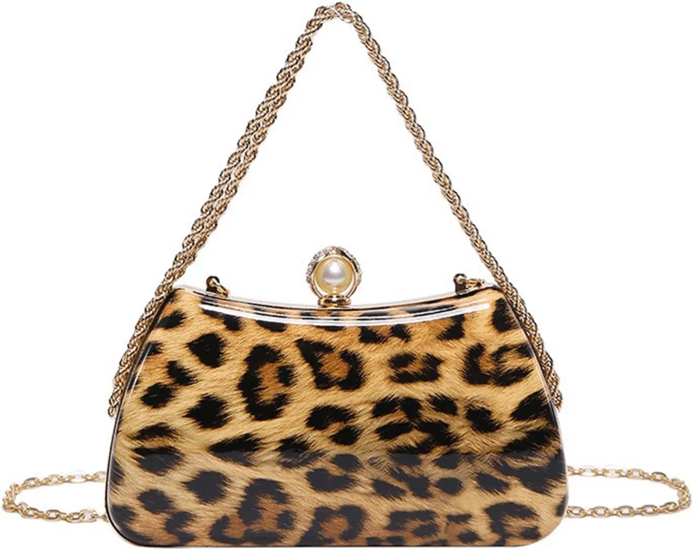 Leopard Purse Mini Clutch Bag Cheetah Print Crossbody Pearl Hard Shell Box Case Prom Wedding Evening Bag