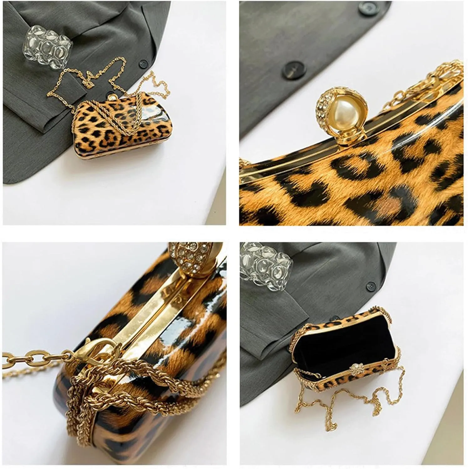 Leopard Purse Mini Clutch Bag Cheetah Print Crossbody Pearl Hard Shell Box Case Prom Wedding Evening Bag