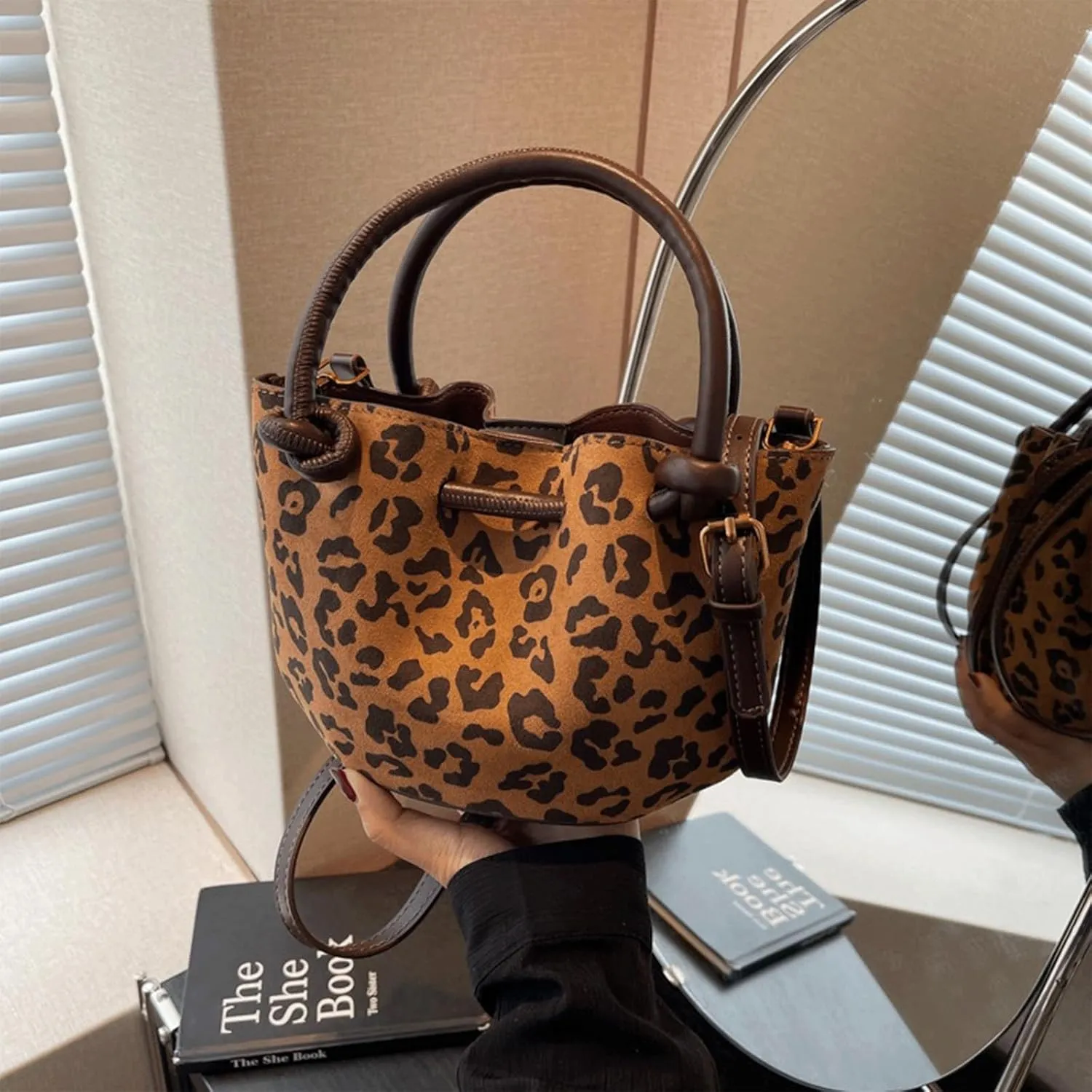 Leopard Purse with Inner Pocket Mini Bucket Bag Knotted Handle Cheetah Print Crossbody Purse Casual Hangouts