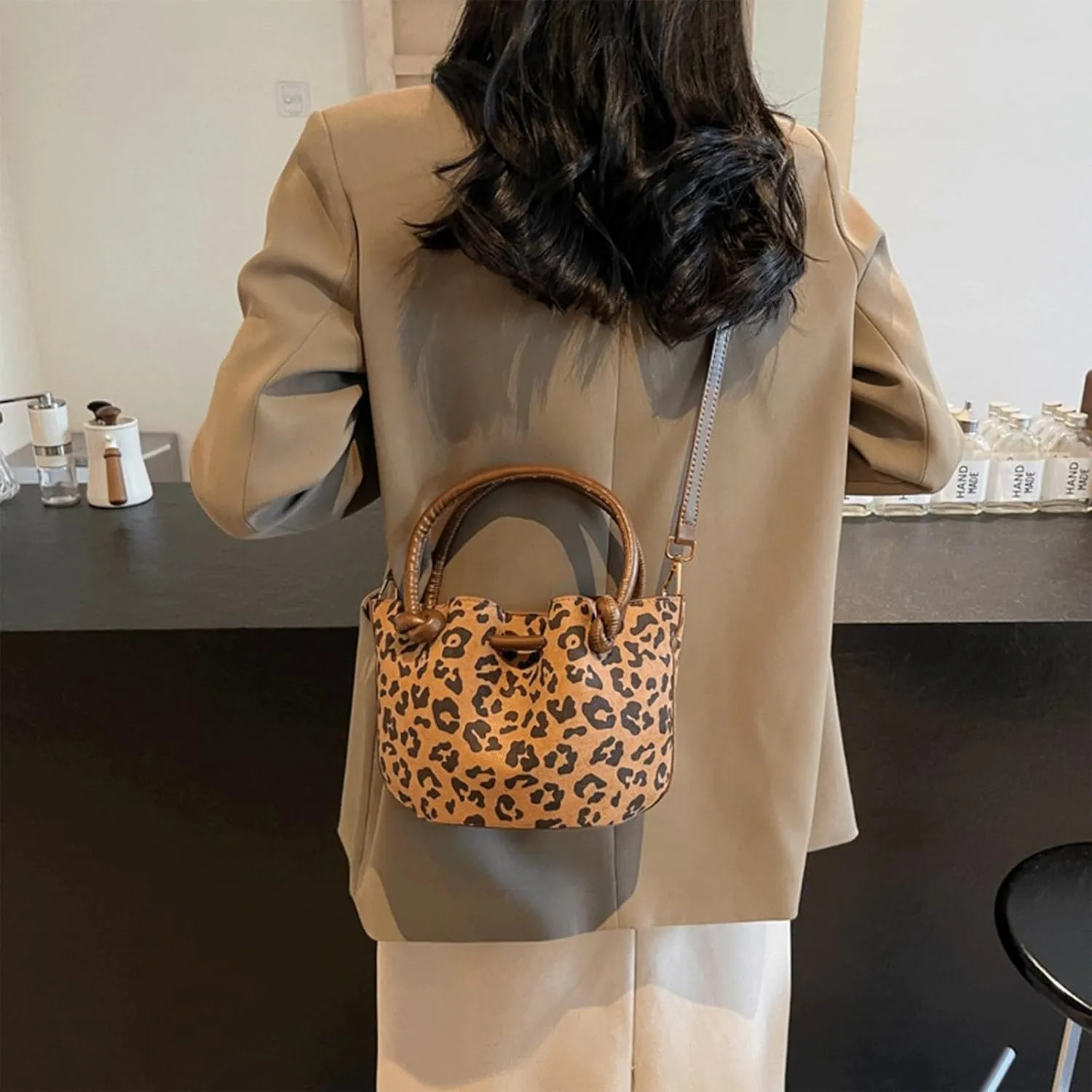 Leopard Purse with Inner Pocket Mini Bucket Bag Knotted Handle Cheetah Print Crossbody Purse Casual Hangouts