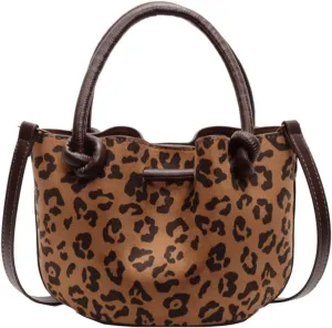 Leopard Purse with Inner Pocket Mini Bucket Bag Knotted Handle Cheetah Print Crossbody Purse Casual Hangouts