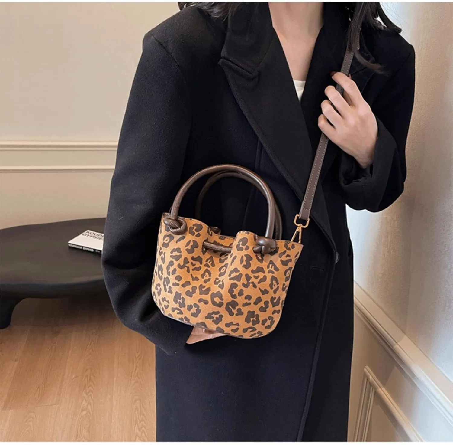 Leopard Purse with Inner Pocket Mini Bucket Bag Knotted Handle Cheetah Print Crossbody Purse Casual Hangouts
