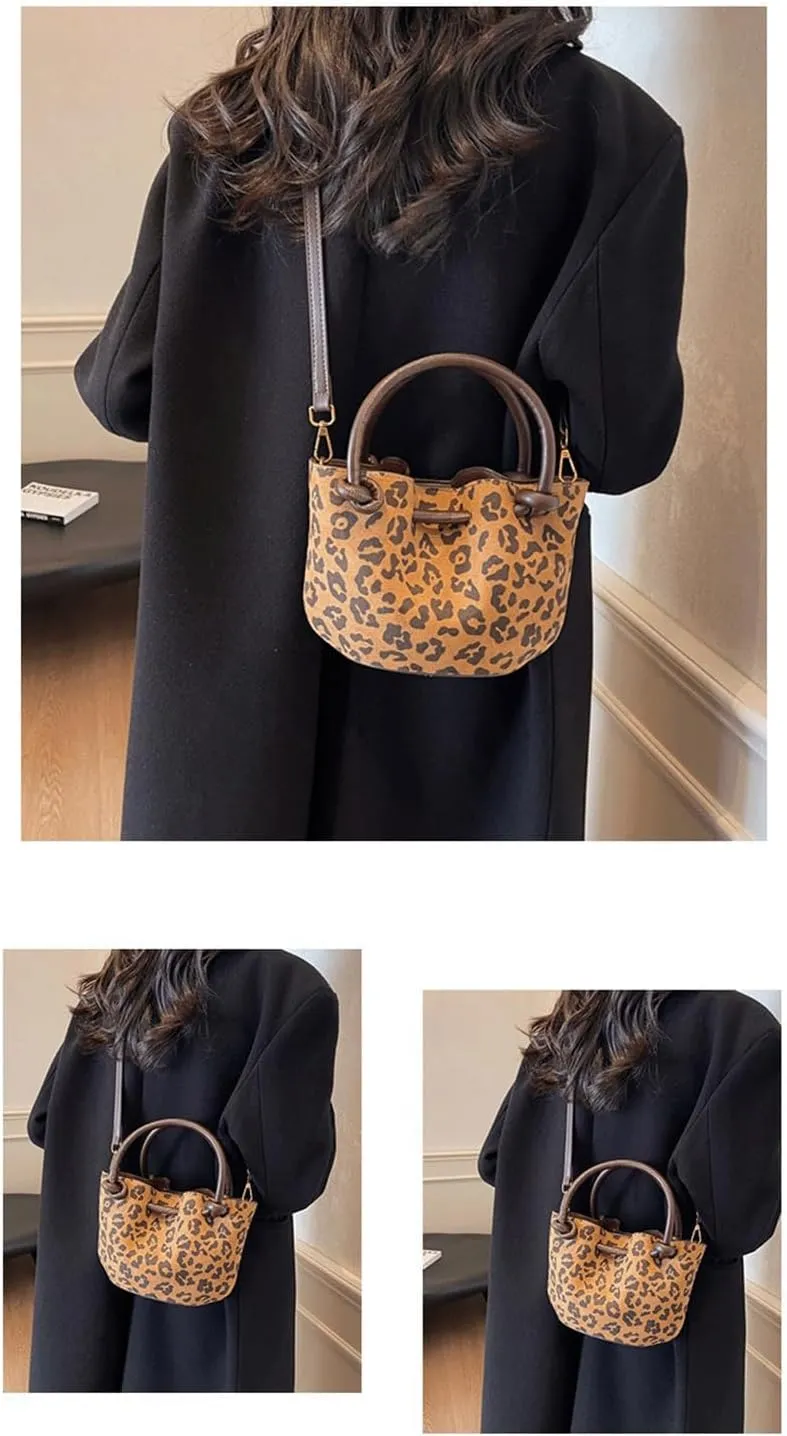 Leopard Purse with Inner Pocket Mini Bucket Bag Knotted Handle Cheetah Print Crossbody Purse Casual Hangouts