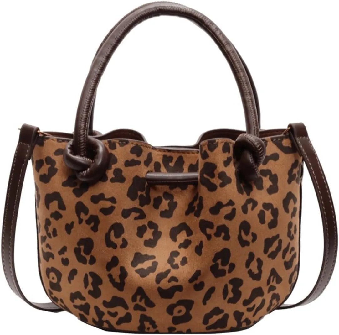 Leopard Purse with Inner Pocket Mini Bucket Bag Knotted Handle Cheetah Print Crossbody Purse Casual Hangouts