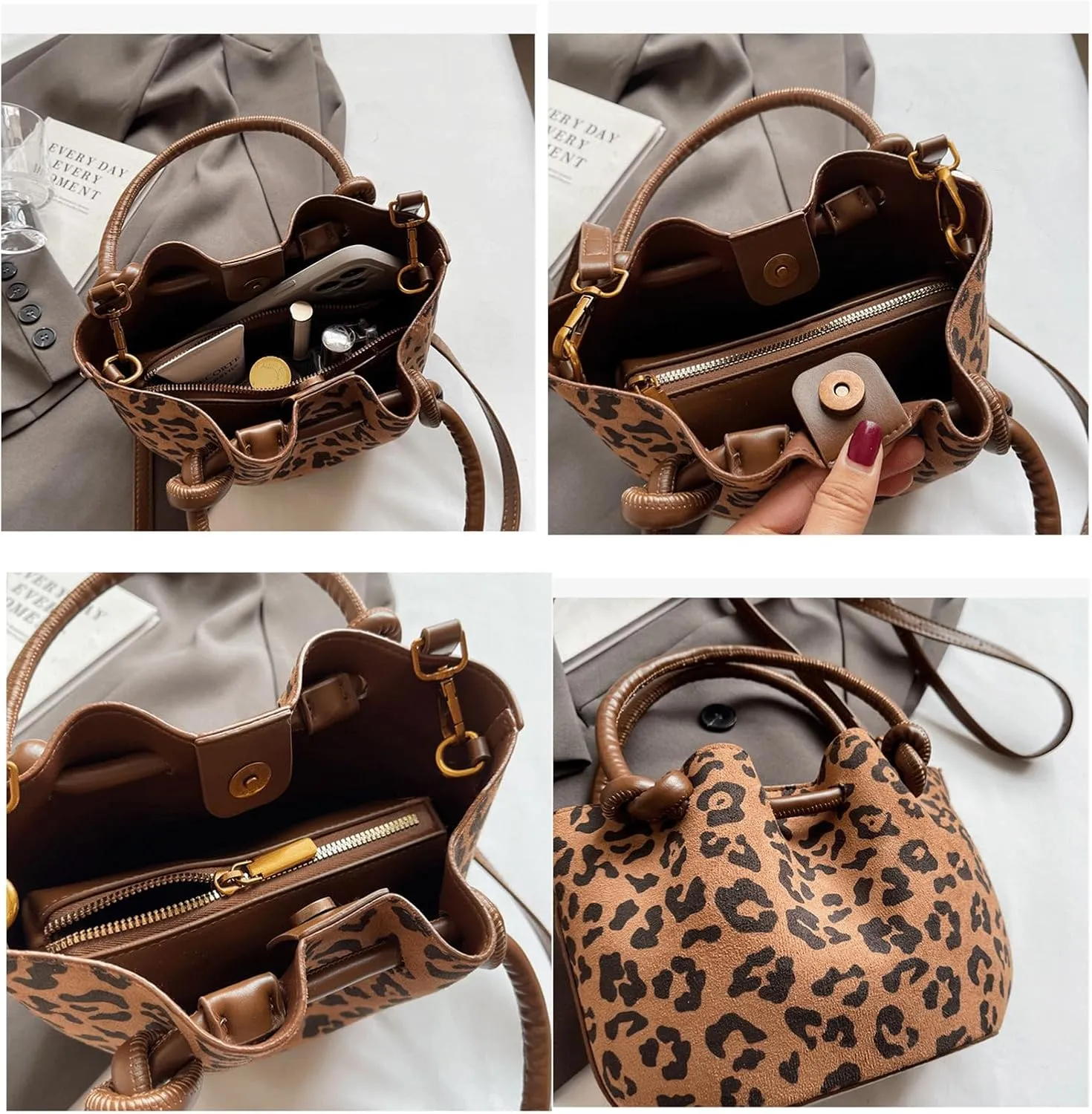 Leopard Purse with Inner Pocket Mini Bucket Bag Knotted Handle Cheetah Print Crossbody Purse Casual Hangouts