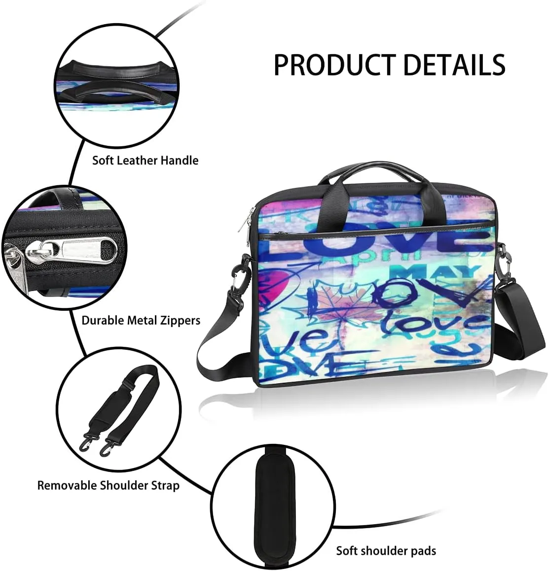 Love Lettering Doodle Laptop Shoulder Messenger Bag Waterproof Laptop Briefcase with Handle and Padded Strap Case Sleeve