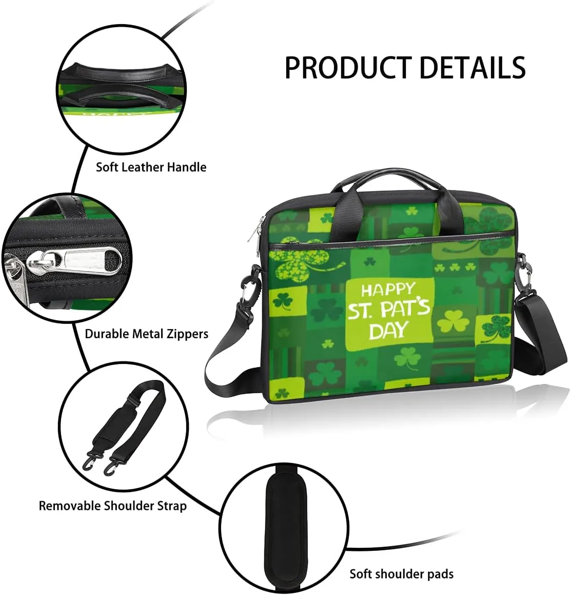 Lucky Clovers Laptop Shoulder Messenger Bag Waterproof Laptop Briefcase with Handle and Padded Strap Case Sleeve