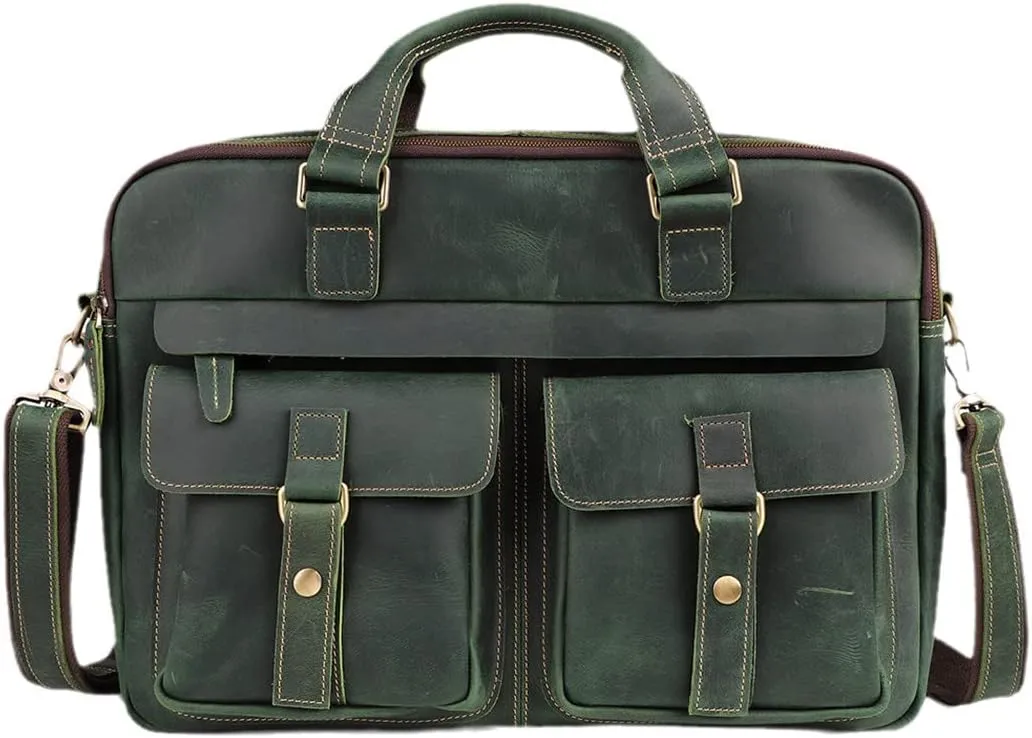 Men's Briefcases Crazy Horse Leather Shoulder Messenger Bags Portfolio 15.6" 17" Laptop Business Office Document Bags