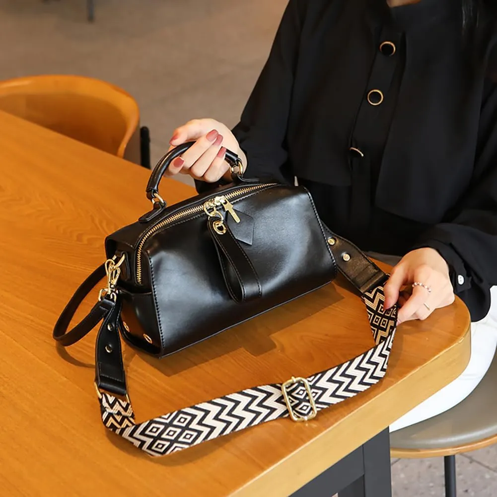 Mn&Sue Barrel Purses for Women Fashion Top Handle Satchel PU Leather Crossbody Bags Ladies Shoulder Purses with Wide Strap