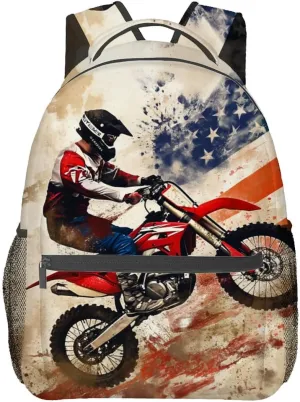 Motocross American Flag Backpack Travel Backpacks Laptop Rucksack,School Bookbag for Women Kids Boys Girls,Dirt Bike Back Pack Accessories Bags,Ideal Gifts for Work, Outdoor Adventures