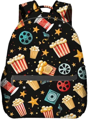 Movie Night Backpack,Fun Popcorn Polyester Backpacks,Lightweight Double Shoulder Back Pack for Wome,Film Reel Star Black Bookbag,School Bag Gifts,Casual Travel Daypack Book Packs