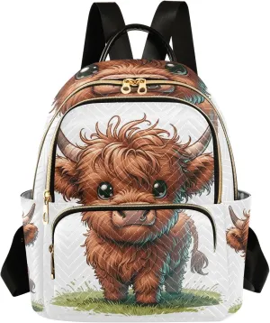 ODAWA Quilted Backpack for Women Cute Highland Cow on Grass Womens Fashion Backpack Purse Travel Backpack with Luggage Strap