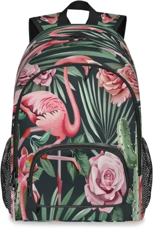 Palm Leaf Flower Flamingo Large Capacity Backpack, 18 Inch Multi Pocket Laptop iPad Tablet Backpacks Business Travel Hiking Daypack Casual Rucksack for Women Men Gifts
