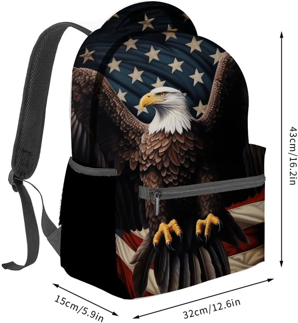 Patriotic Eagle Backpack,American Eagle Polyester Backpacks,Lightweight Double Shoulder Back Pack for Adults,Cool Bird Black Bookbag,School Bag Gifts,Casual Travel Daypack Book Packs