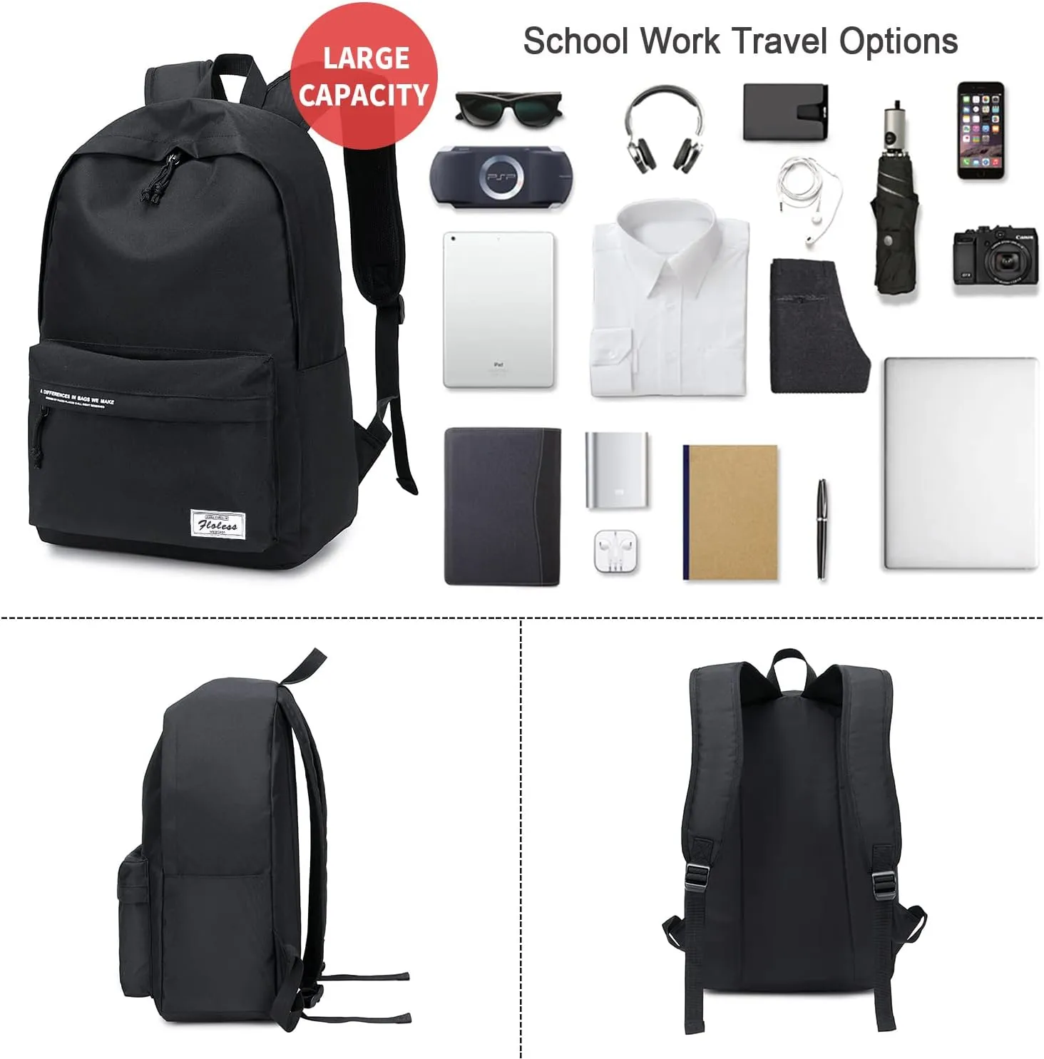 PAUBACK Black high school backpacks for teen girls,book bag backpack for school teens,college travel daypack for women men for laptop 15.6",water resistant & lightweight Casual University backpack