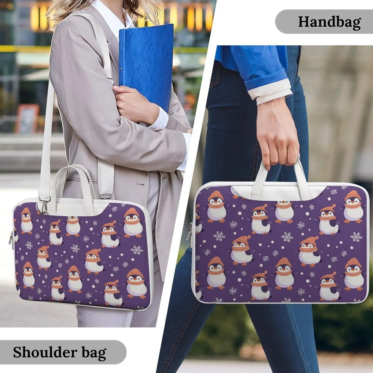 Penguin Snowflake Purple Polka Dot Leather Bag Laptop Case Slim Water Resistant Computer Bags with Handle Briefcase for Work