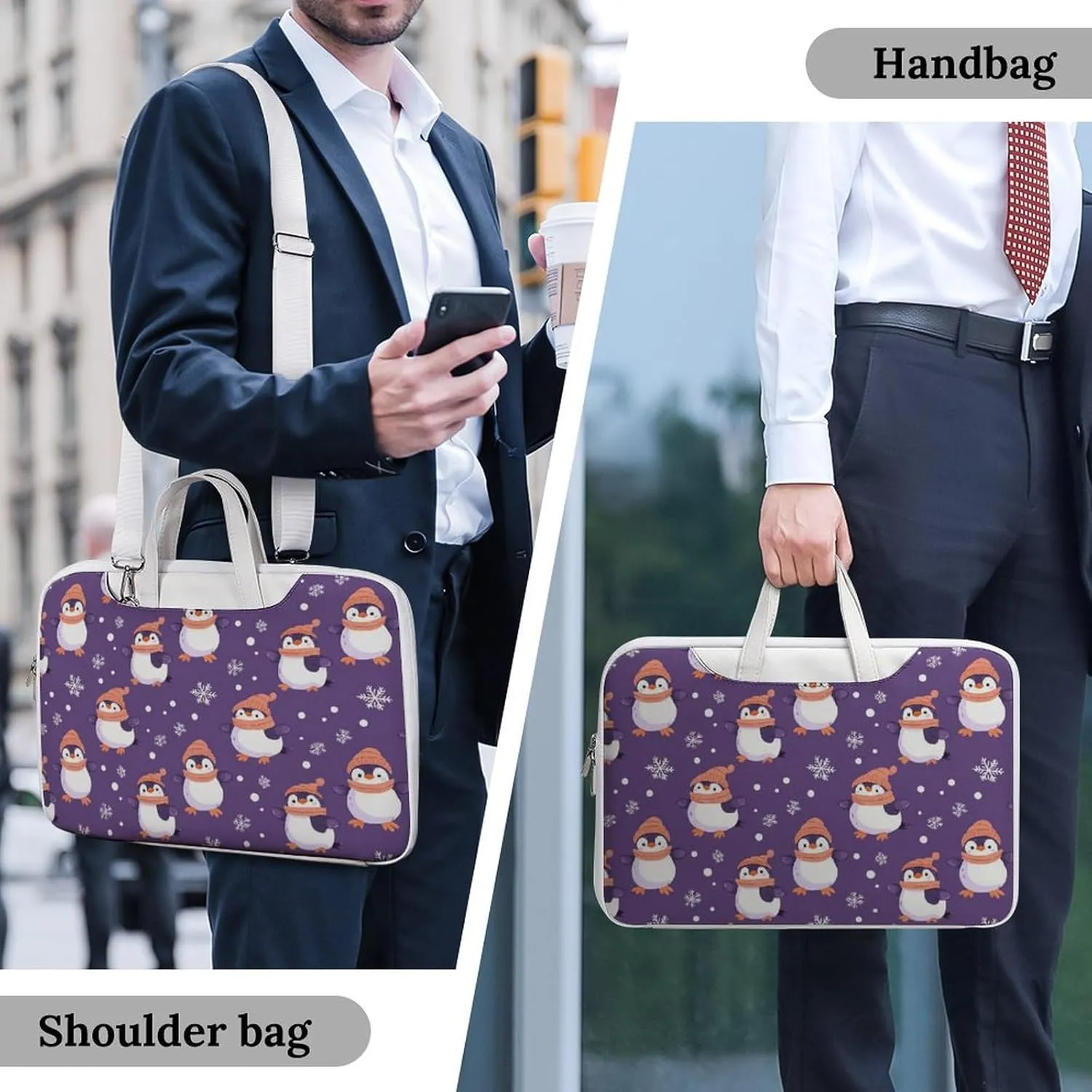 Penguin Snowflake Purple Polka Dot Leather Bag Laptop Case Slim Water Resistant Computer Bags with Handle Briefcase for Work