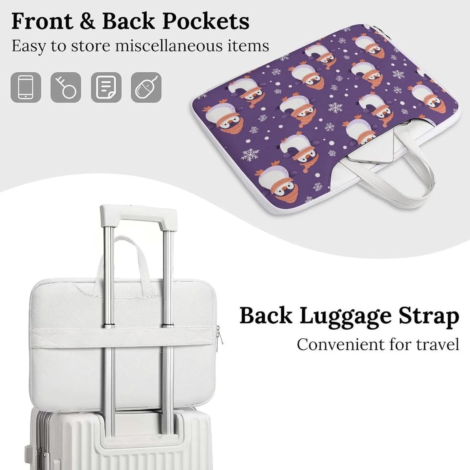 Penguin Snowflake Purple Polka Dot Leather Bag Laptop Case Slim Water Resistant Computer Bags with Handle Briefcase for Work