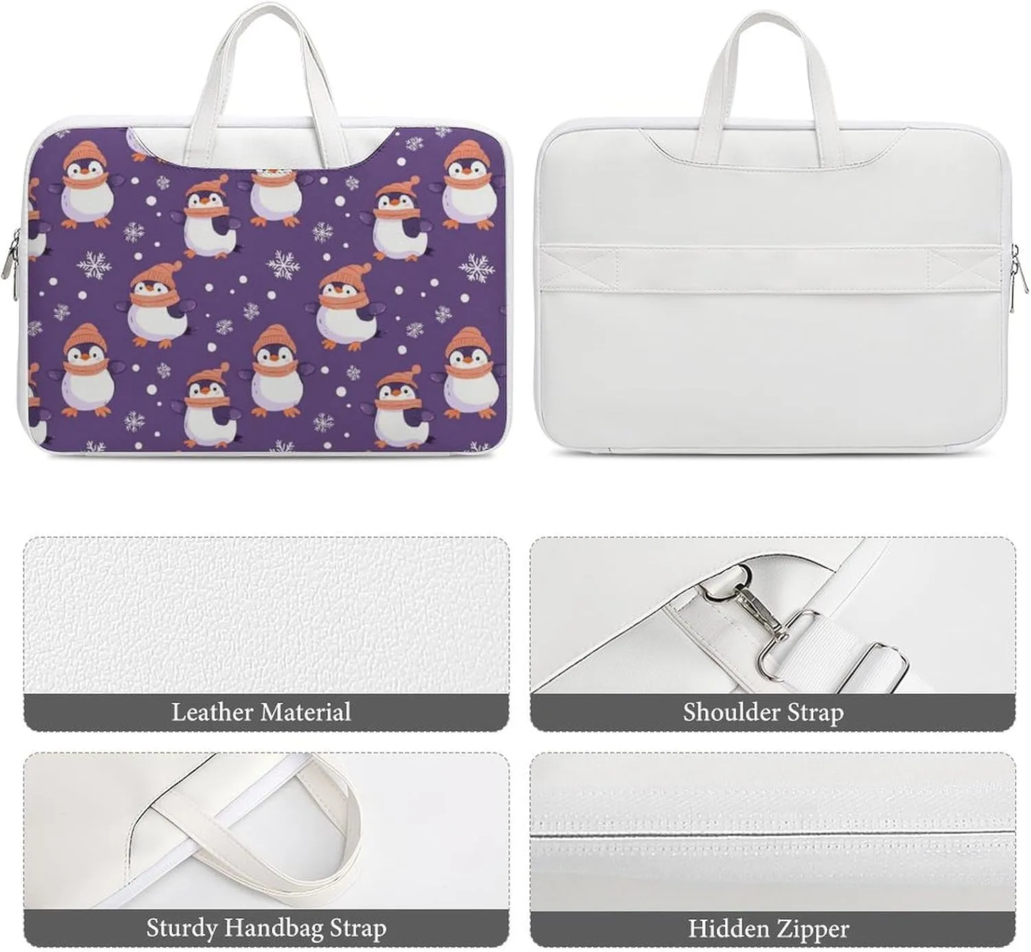 Penguin Snowflake Purple Polka Dot Leather Bag Laptop Case Slim Water Resistant Computer Bags with Handle Briefcase for Work