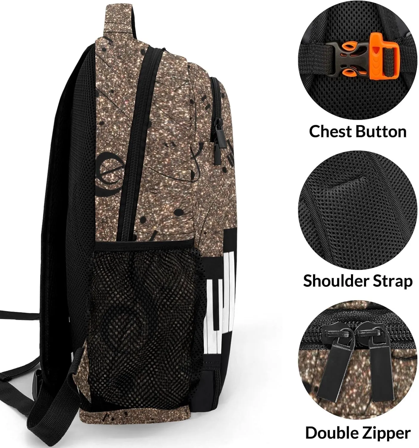 Piano Key Music Note Glitter Brown Primary Elementary School Bags Middle School Book Bags Dinosaur Bookbags for Preschool Child Grandson