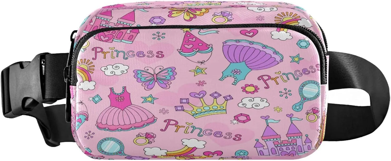 Princess Ballet Crown Pink Belt Bag for Women Men Heart Fanny Pack Small Waist Pouch Crossbody Bags for Outdoor Hiking Running Travel