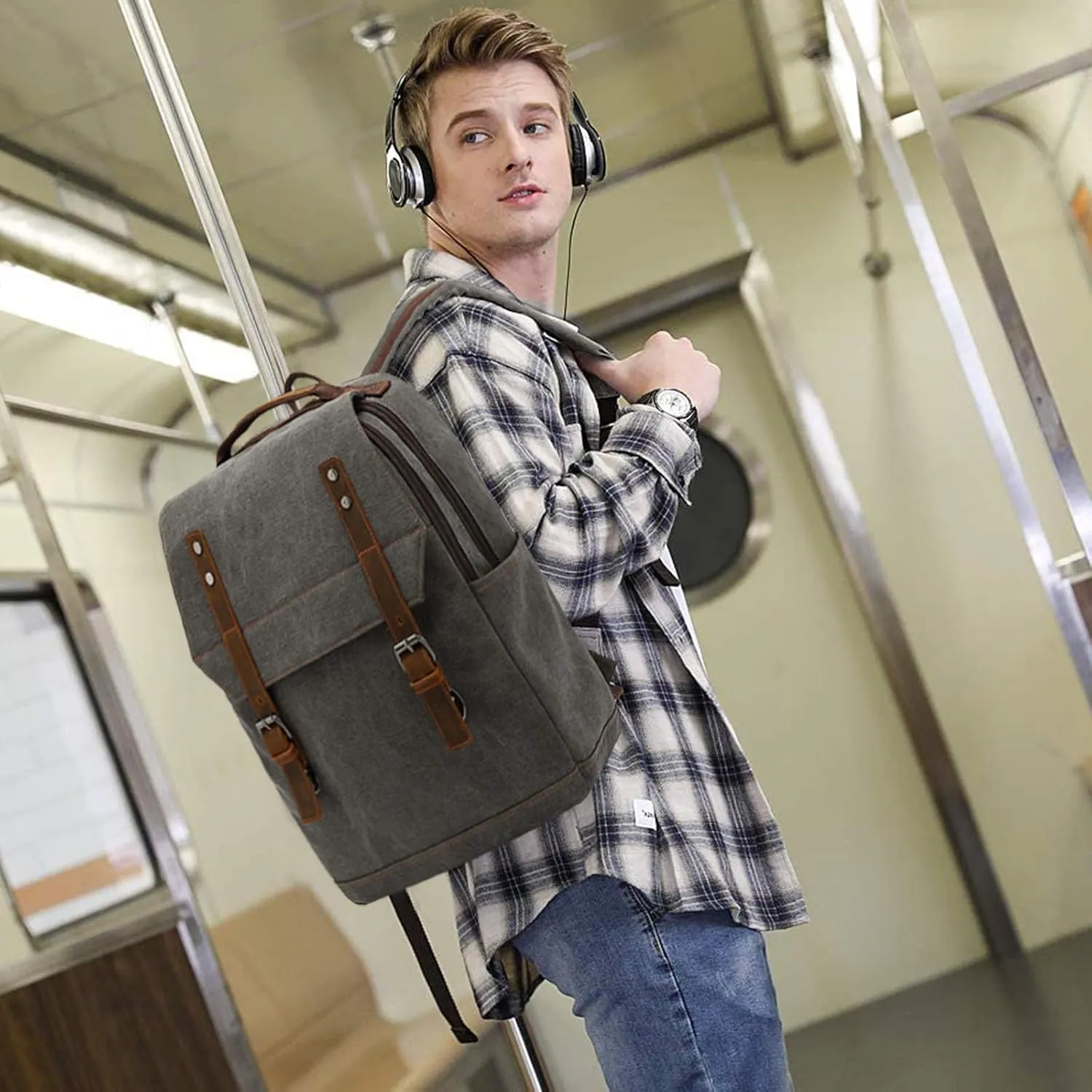Retro Canvas Business Backpack Men Laptop Rucksack Daily Casual Daypacks Internal Frame Backpacks Hiking Backpack Travel Essentials Trekking Rucksack Grey