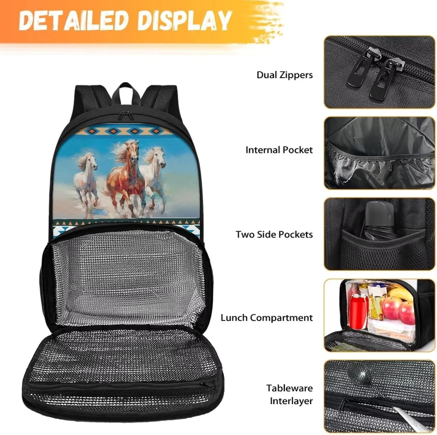 Rnyleeg Aztec Horse Pattern Insulated Cooler Lunch Box Laptop Backpack Travel Daypack Soft Shoulder Bag Lunch Bag Backpack School Bag Bookbags Rucksacks for Boys