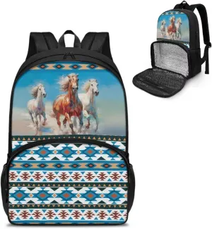 Rnyleeg Aztec Horse Pattern Insulated Cooler Lunch Box Laptop Backpack Travel Daypack Soft Shoulder Bag Lunch Bag Backpack School Bag Bookbags Rucksacks for Boys