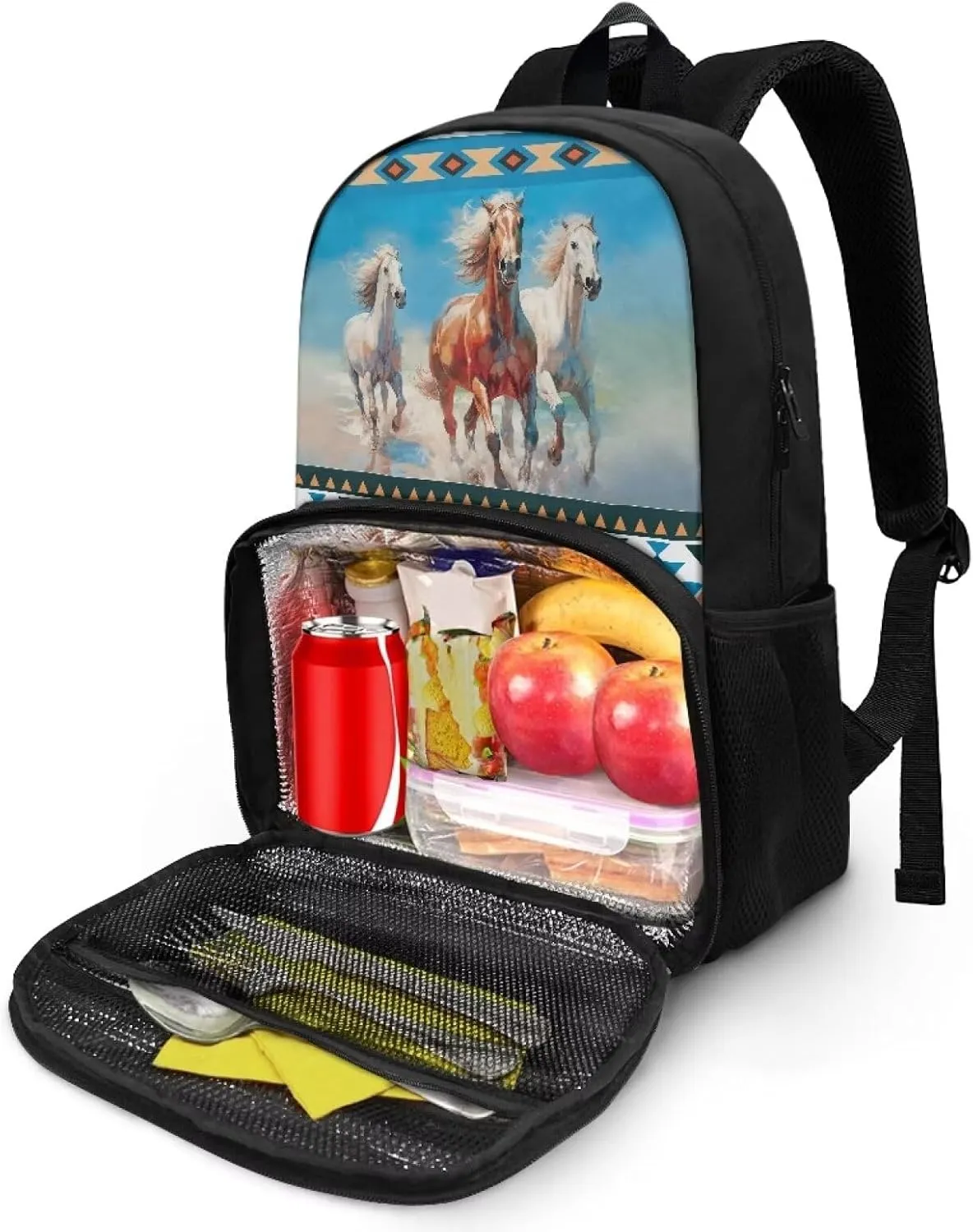 Rnyleeg Aztec Horse Pattern Insulated Cooler Lunch Box Laptop Backpack Travel Daypack Soft Shoulder Bag Lunch Bag Backpack School Bag Bookbags Rucksacks for Boys