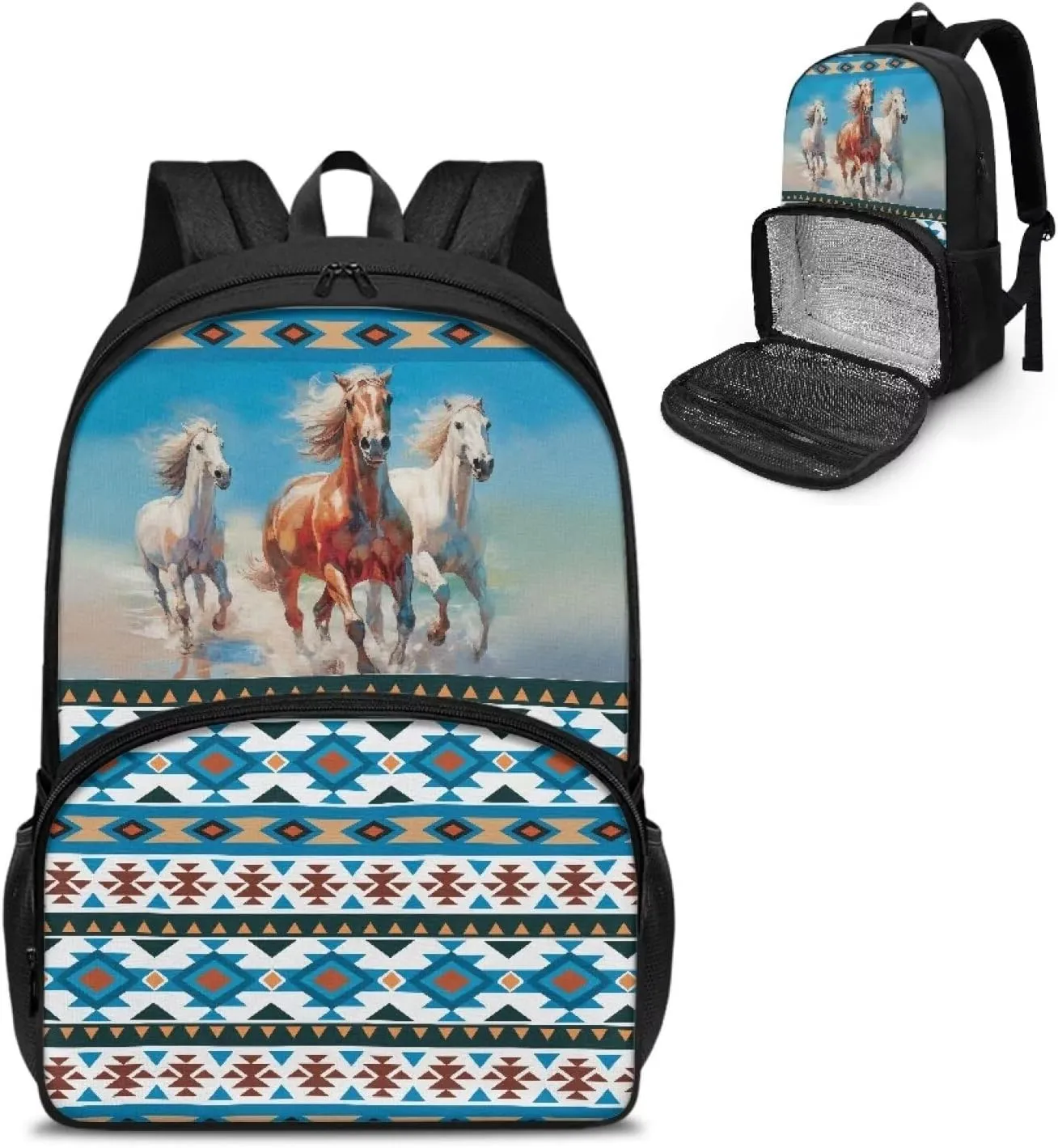 Rnyleeg Aztec Horse Pattern Insulated Cooler Lunch Box Laptop Backpack Travel Daypack Soft Shoulder Bag Lunch Bag Backpack School Bag Bookbags Rucksacks for Boys