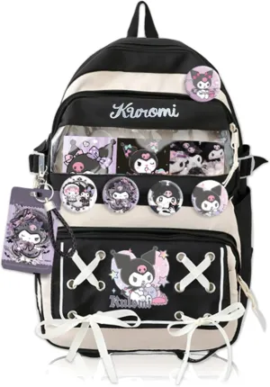 Roffatide Anime Kuromi Kawaii Backpack with 21Pcs Accessories Cartoon Travel Aesthetic New Semester Gifts Bag with Cute Pins Anti-Theft Laptop Backpack Travel Hiking Daypacks Rucksack Black