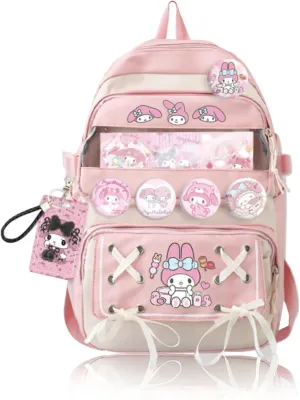 Roffatide Anime Melody Kawaii Backpack with 21Pcs Accessories Cartoon Travel Aesthetic New Semester Gifts Bag with Cute Pins Anti-Theft Laptop Backpack Travel Hiking Daypacks Rucksack Pink