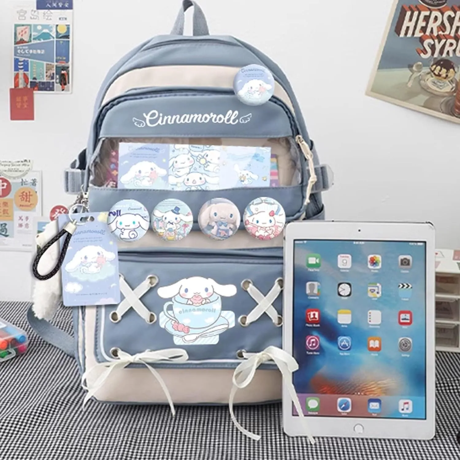 Roffatide Anime Melody Kawaii Backpack with 21Pcs Accessories Cartoon Travel Aesthetic New Semester Gifts Bag with Cute Pins Anti-Theft Laptop Backpack Travel Hiking Daypacks Rucksack Pink