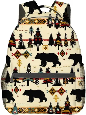 Rustic Woodland Bear Backpack,Black Bears Polyester Backpacks,Lightweight Double Shoulder Back Pack for Women,Forest Cabin Bookbag,School Bag Gifts,Casual Travel Daypack Book Packs