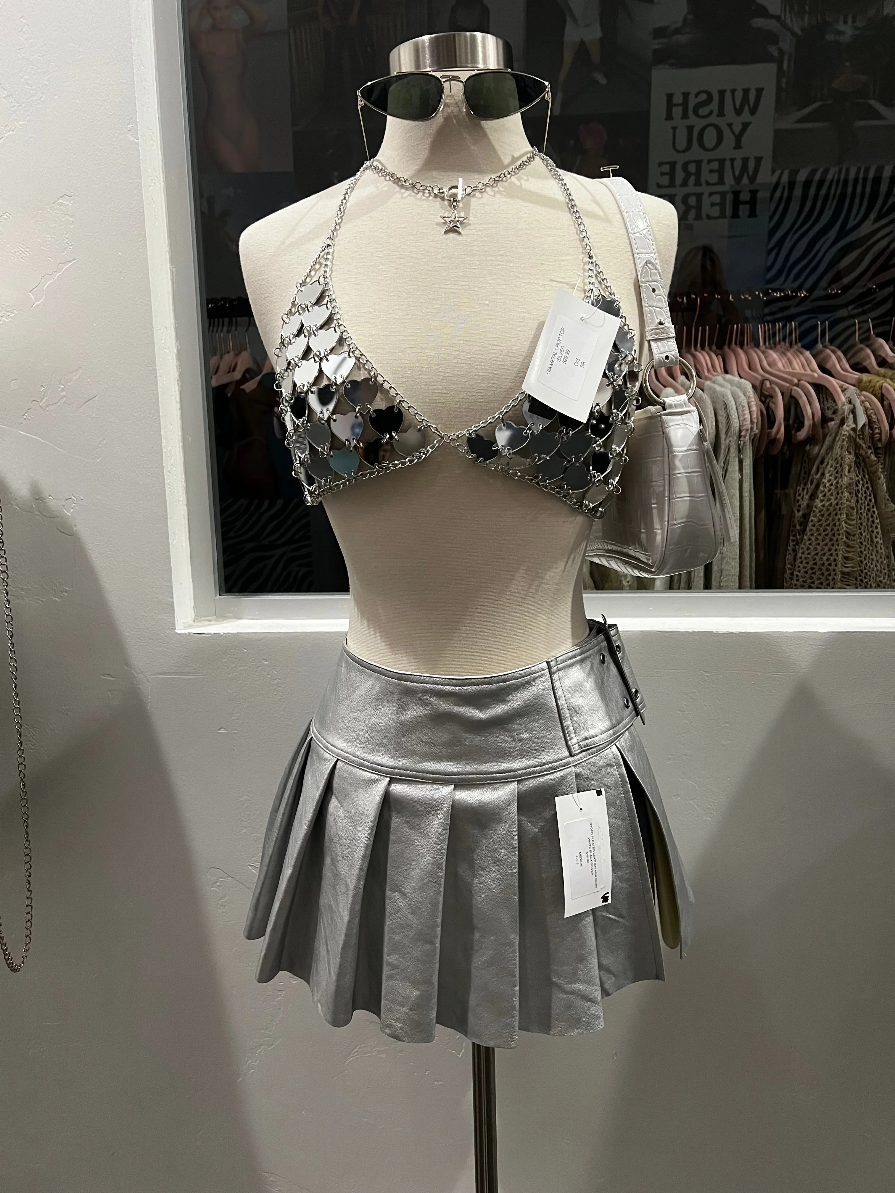 Ryder Pleated Leather Mini Skirt (Silver)