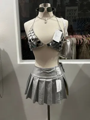 Ryder Pleated Leather Mini Skirt (Silver)