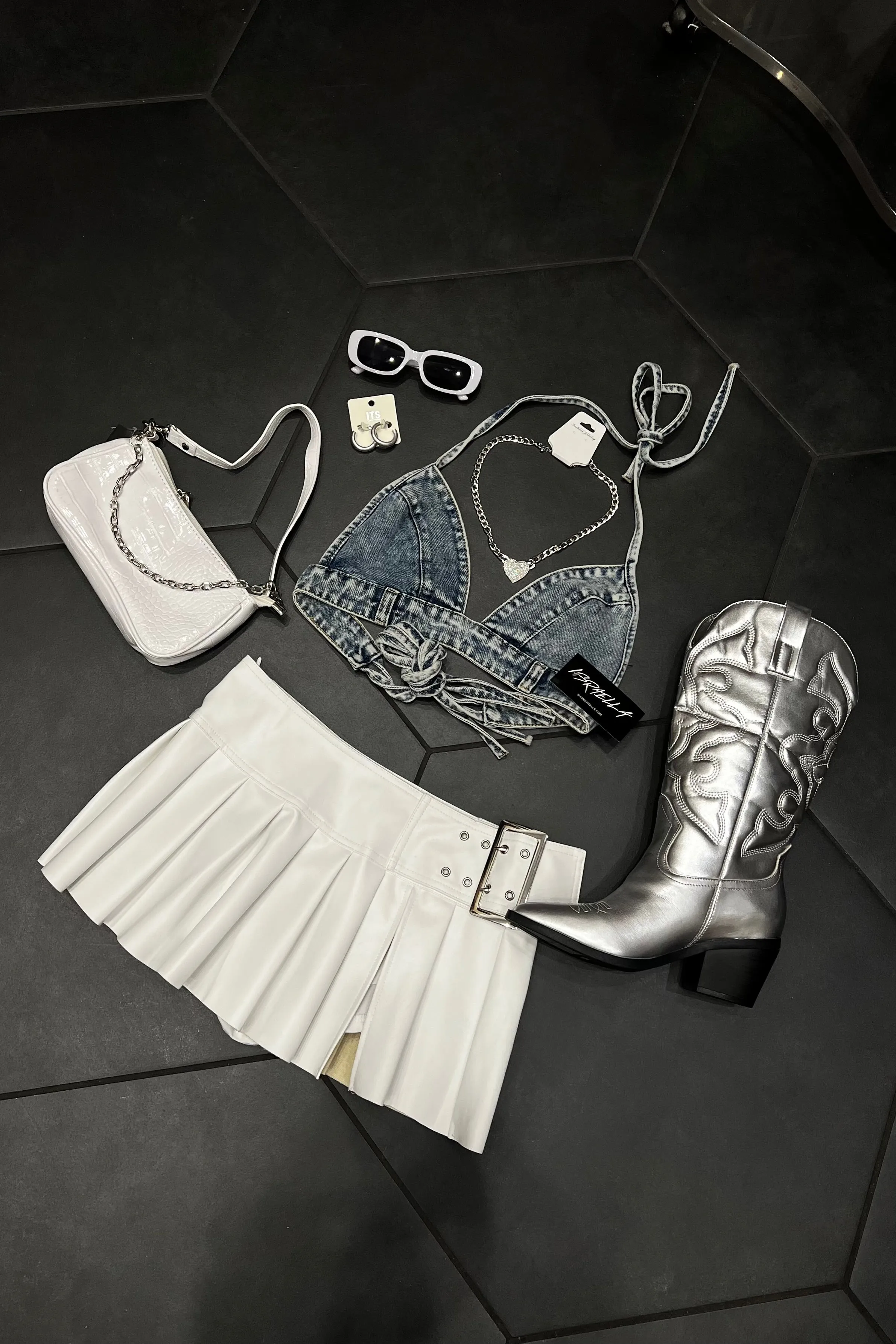 Ryder Pleated Leather Mini Skirt (White)