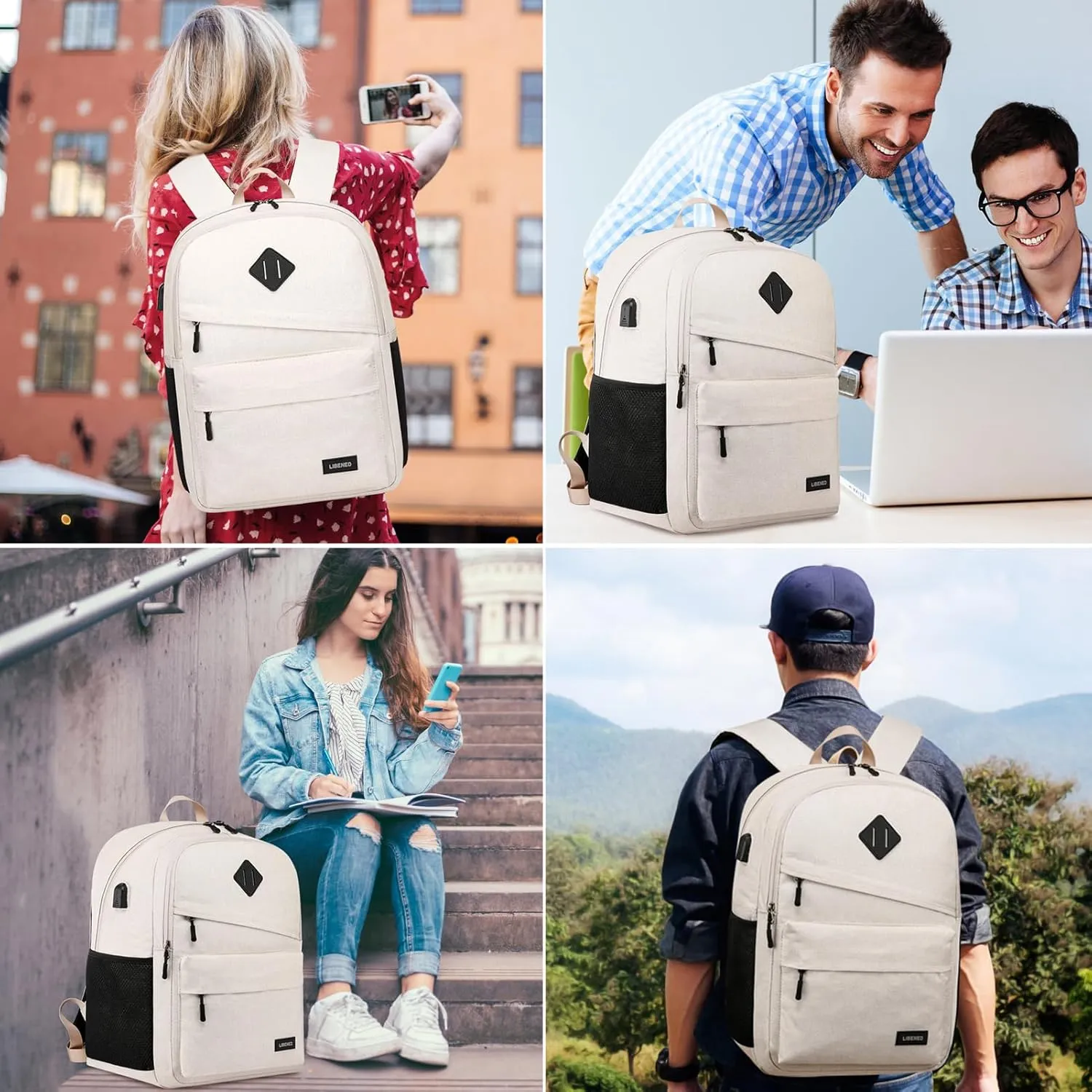 School Backpack for Teen Boys and Girls, Backpack for Men Women, 15.6 inch Laptop Back Pack for High School and College Students with USB Charging Port, Beige