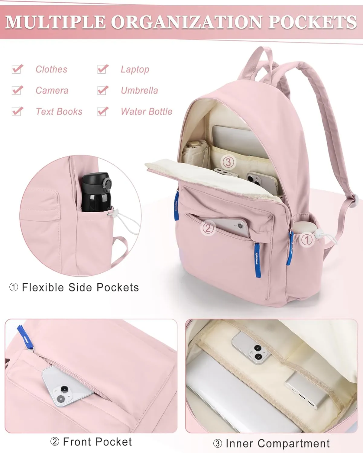 School Backpack for Teen Girls,Simple School Book Bag Waterproof High School Backpack for Boy Middle Student Bookbag College Backpack for Women Men Casual Daypack Travel Aesthetic Backpacks Pink