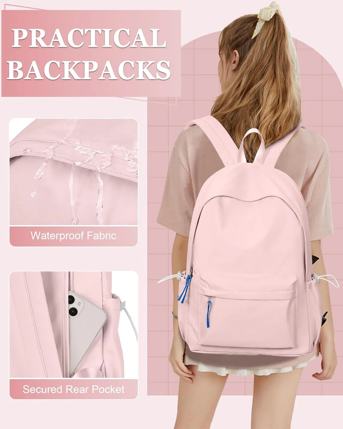 School Backpack for Teen Girls,Simple School Book Bag Waterproof High School Backpack for Boy Middle Student Bookbag College Backpack for Women Men Casual Daypack Travel Aesthetic Backpacks Pink