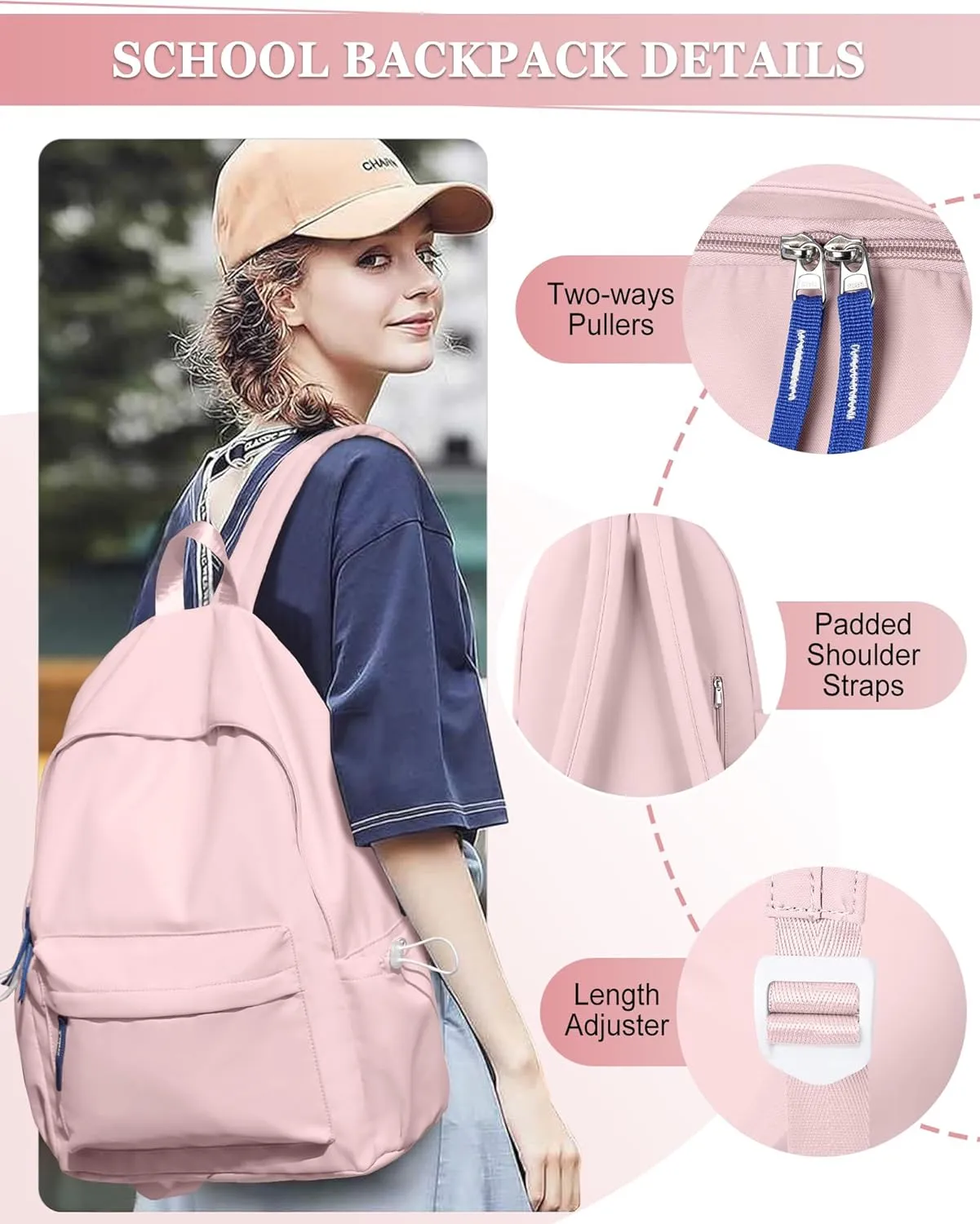 School Backpack for Teen Girls,Simple School Book Bag Waterproof High School Backpack for Boy Middle Student Bookbag College Backpack for Women Men Casual Daypack Travel Aesthetic Backpacks Pink