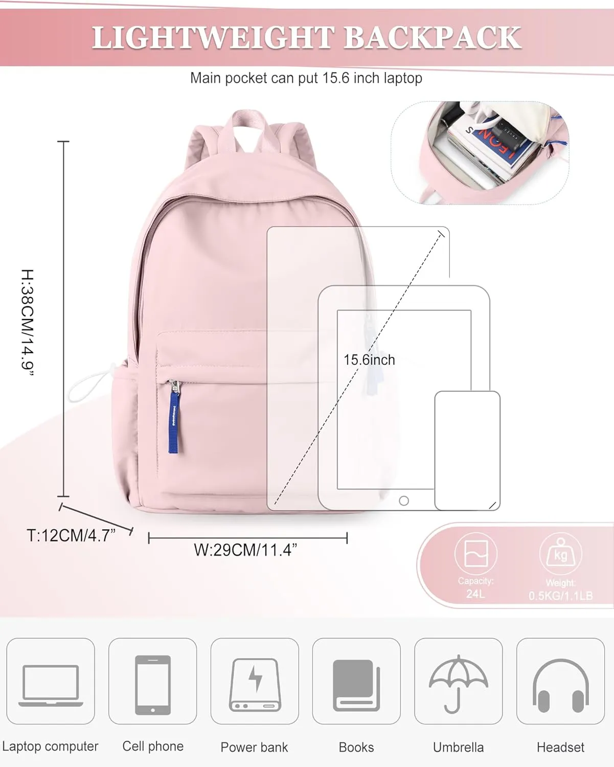 School Backpack for Teen Girls,Simple School Book Bag Waterproof High School Backpack for Boy Middle Student Bookbag College Backpack for Women Men Casual Daypack Travel Aesthetic Backpacks Pink