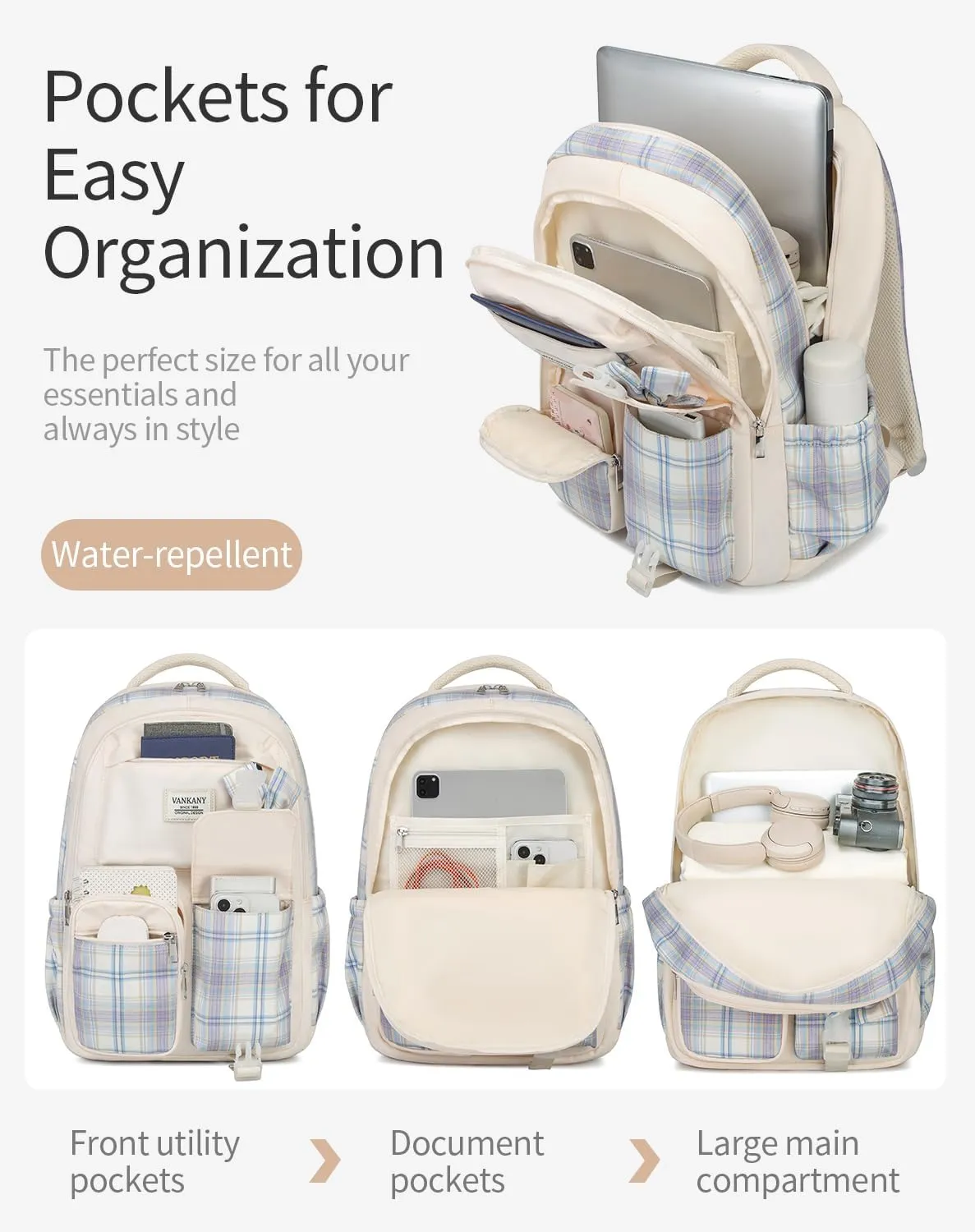 Schoolbag for Teen Girls, Cute Book Bag Backpack with 17.3in Laptop Compartment for Big Student Women College Mochilas Escolares para Nias (Beige)