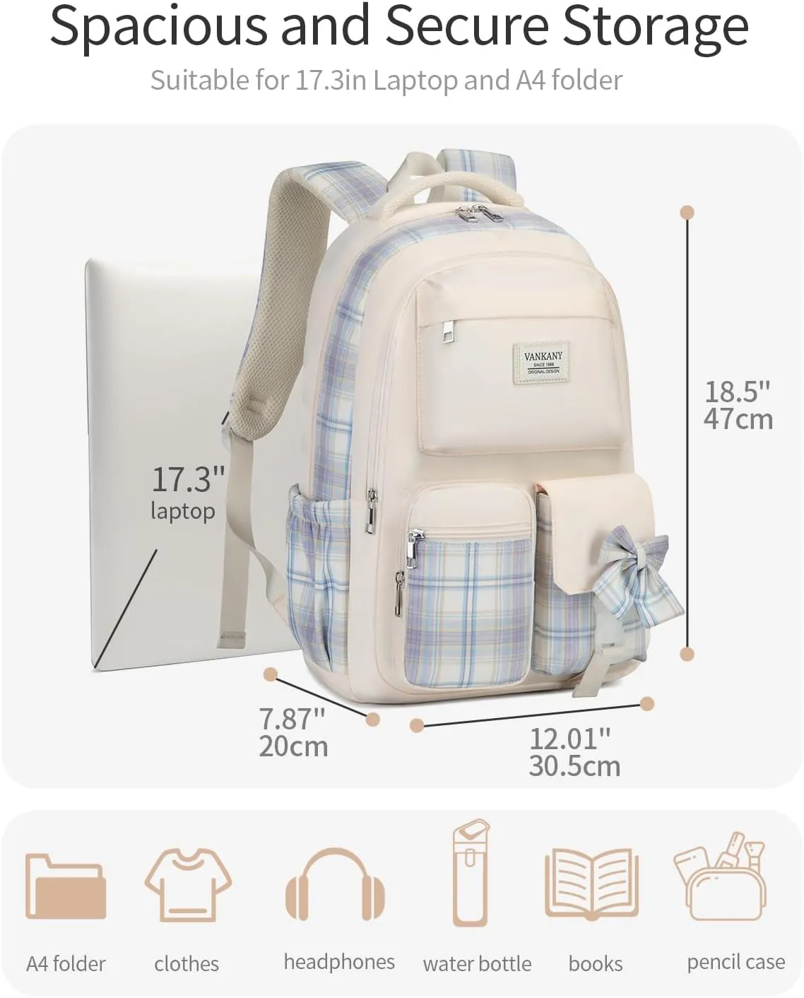 Schoolbag for Teen Girls, Cute Book Bag Backpack with 17.3in Laptop Compartment for Big Student Women College Mochilas Escolares para Nias (Beige)