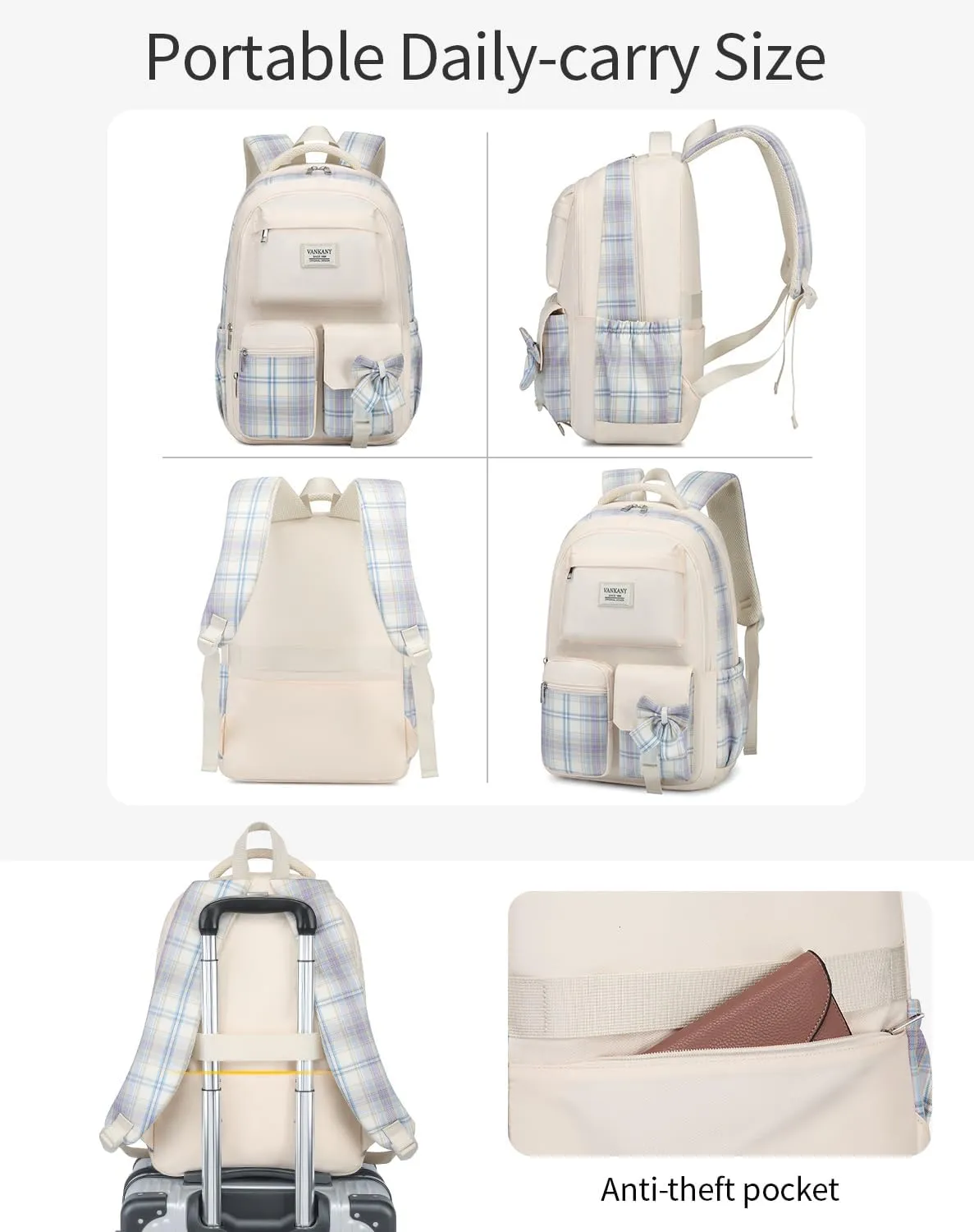 Schoolbag for Teen Girls, Cute Book Bag Backpack with 17.3in Laptop Compartment for Big Student Women College Mochilas Escolares para Nias (Beige)