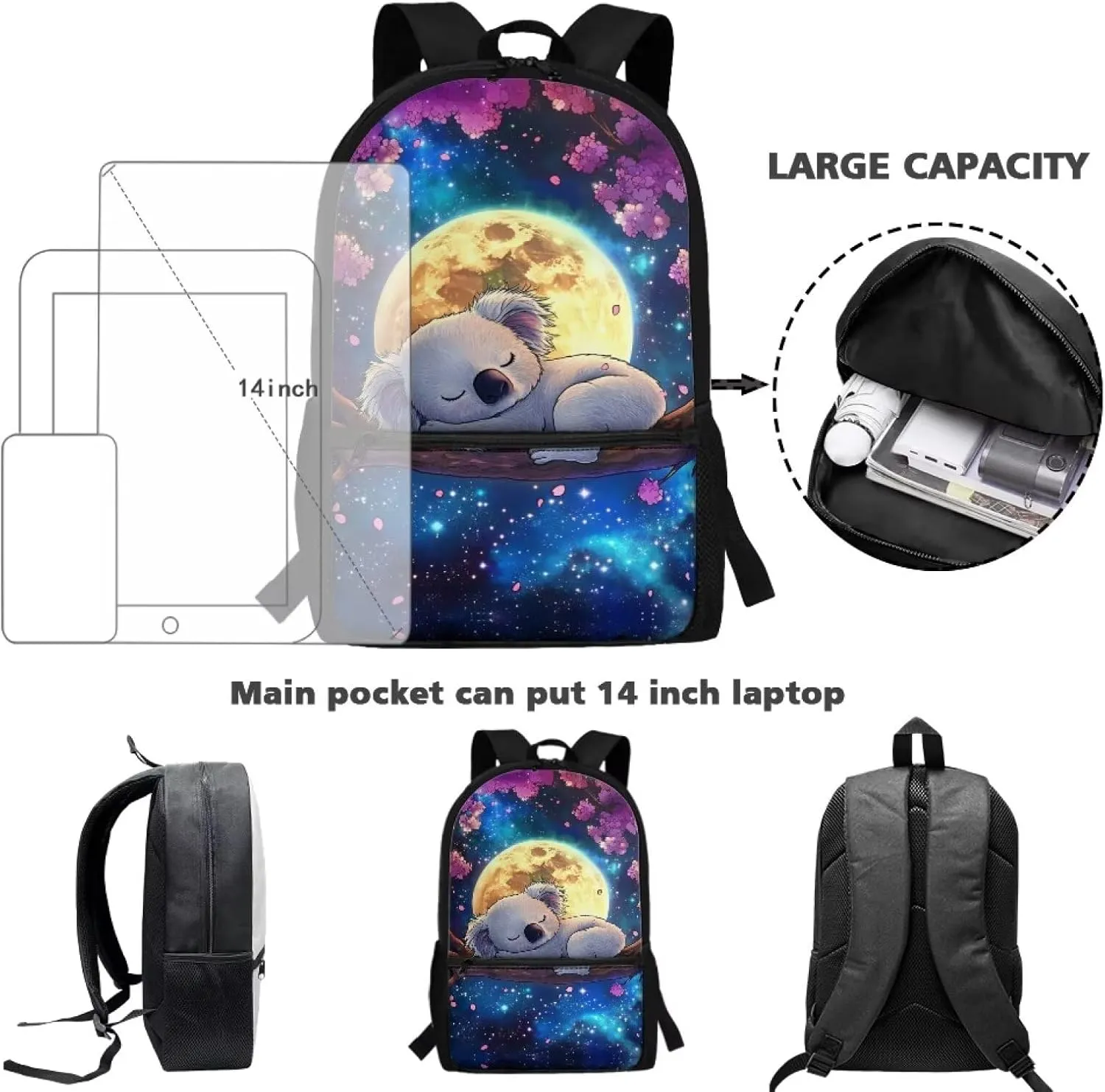 Showudesigns Cute Koala Kids Backpack for Girls Preschool School Bag Daypack Elementary School Bookbag Back Packs with Water Bottle Holder 17inch Laptop Bags Large Capacity Rucksacks