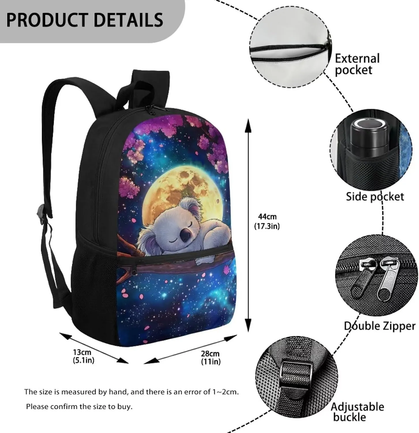 Showudesigns Cute Koala Kids Backpack for Girls Preschool School Bag Daypack Elementary School Bookbag Back Packs with Water Bottle Holder 17inch Laptop Bags Large Capacity Rucksacks