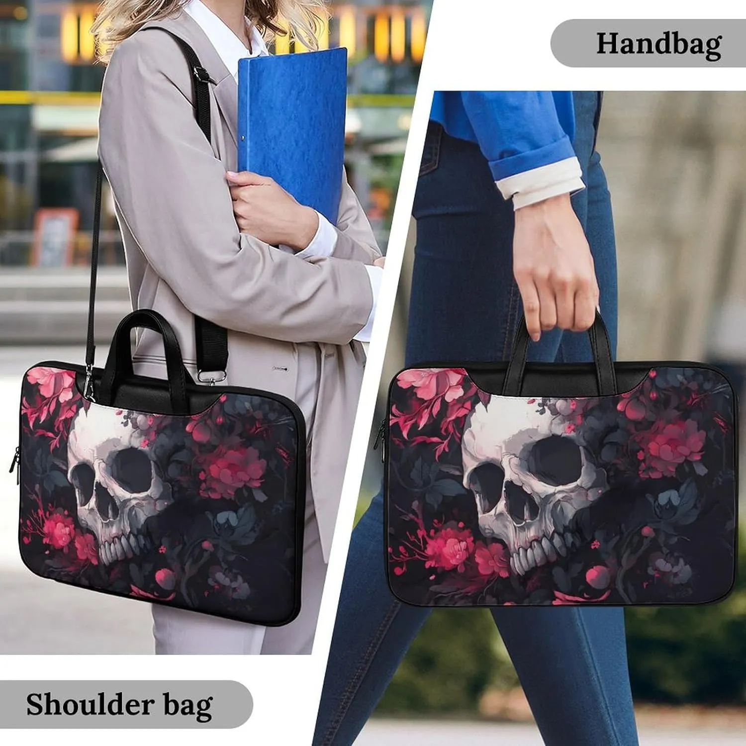 Skull Blooming Flowers Peony Leather Bag Laptop Case Slim Water Resistant Computer Bags with Handle Briefcase for Work