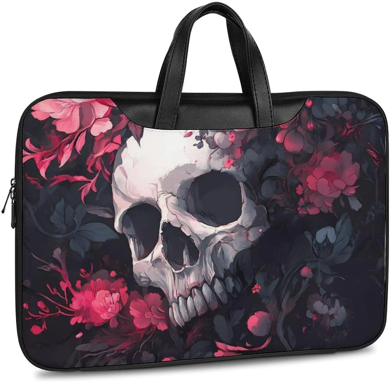 Skull Blooming Flowers Peony Leather Bag Laptop Case Slim Water Resistant Computer Bags with Handle Briefcase for Work
